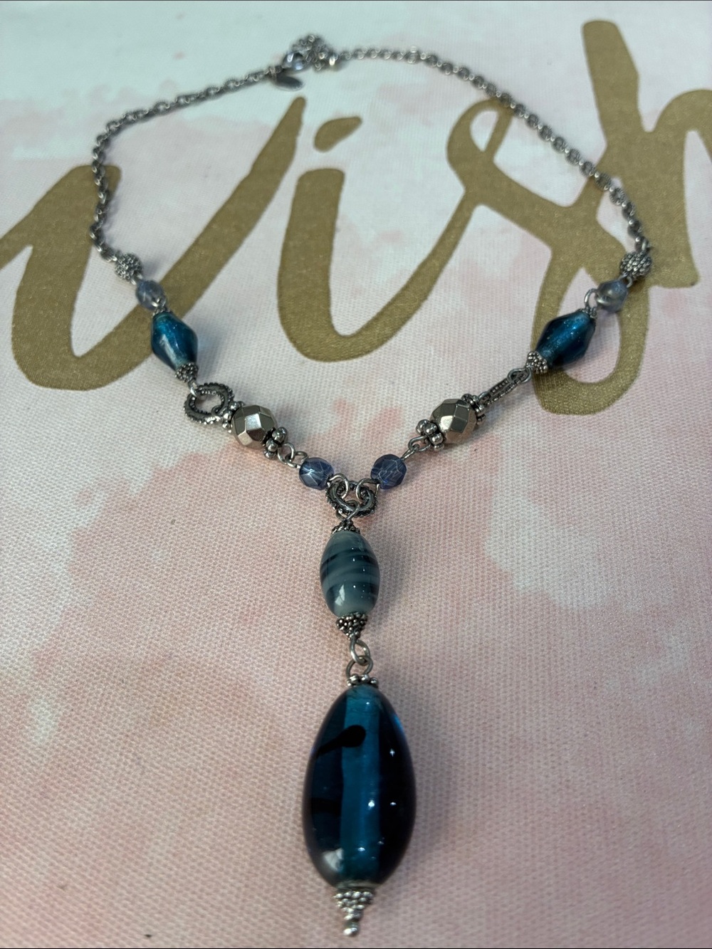 Lia Sophia Teal and Silver Glass Bead Pendant Necklace